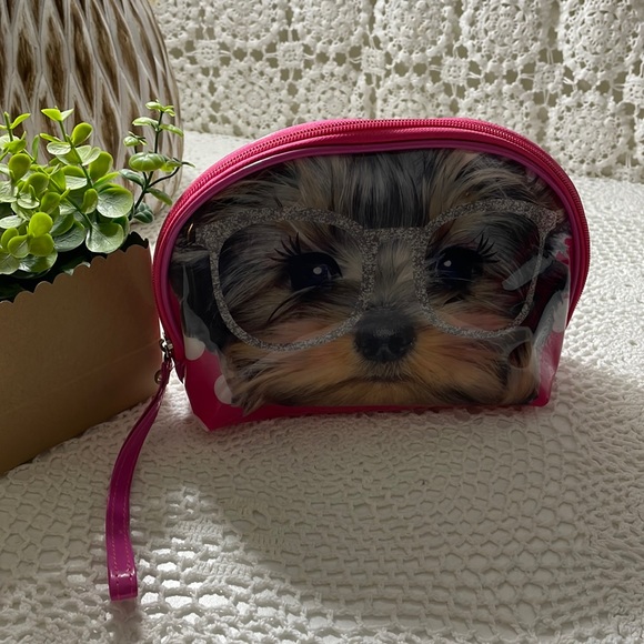 Yorkie wearing sparkle glasses make up bag NEW - Picture 1 of 5